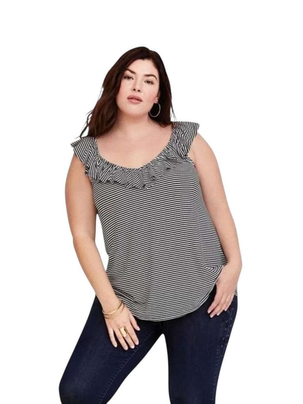 TORRID Super Soft Knits Striped Ruffle Double V-Neck Tank Top - Size 1X